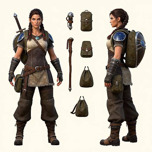 Digital character concept: Female warrior with dark brown hair, brown leather armor, shoulder pads, backpack, fingerless gloves, and boots, shown front and