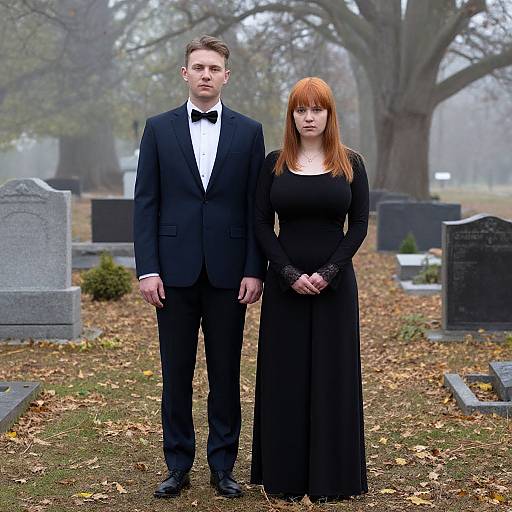 Photograph of a pale-skinned, red-haired woman in a black dress standing beside a tall, fair-skinned man in a black tuxedo