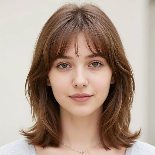 Photograph of a young Caucasian woman with fair skin, brown shoulder-length hair, bangs, brown eyes, and subtle smile, wearing a white top