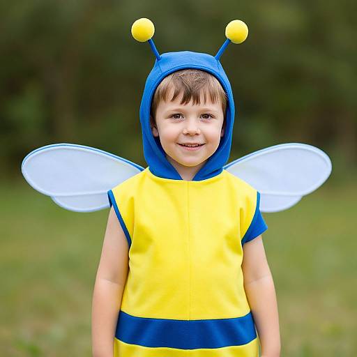 Photograph of a smiling young boy in a yellow and blue bee costume with antennae, wings, and a grassy outdoor background.