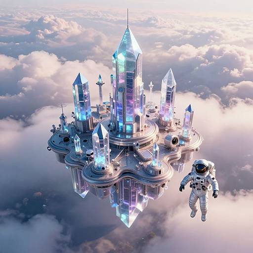 Digital artwork of a futuristic, crystal-encrusted space station floating in clouds, with an astronaut in a white spacesuit nearby.