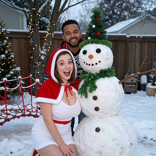 Photograph of a smiling black man in a striped shirt and a surprised white woman in a red and white Santa outfit beside a snowman with a Christmas