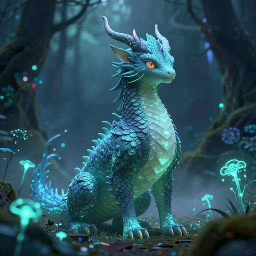Digital art of a glowing blue dragon with orange eyes, sitting in a mystical forest with bioluminescent mushrooms and plants.