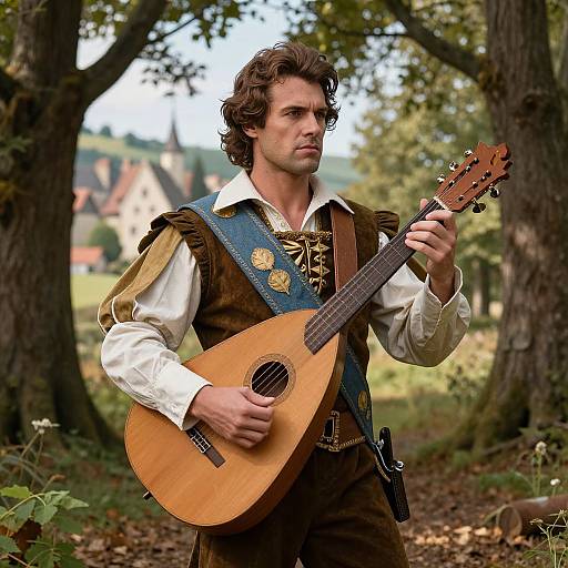 Photograph of a curly-haired man in medieval attire, playing a lute in a forest, with blurred village houses in the background.