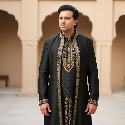 Photograph of a man in a black, ornately embroidered traditional long tunic standing in an architectural courtyard with beige arches.
