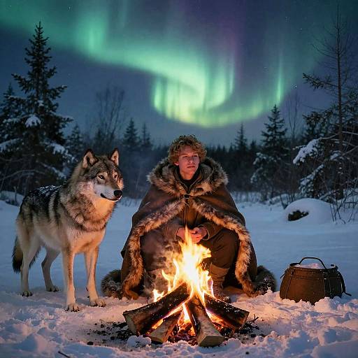 Winter Wilderness Campfire with Wolf