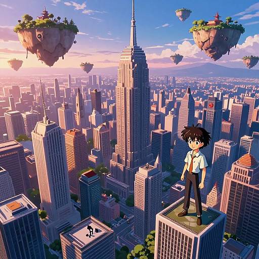 Digital anime-style artwork of a black-haired boy in a white shirt and black pants standing on a rooftop, overlooking a futuristic cityscape with floating islands and