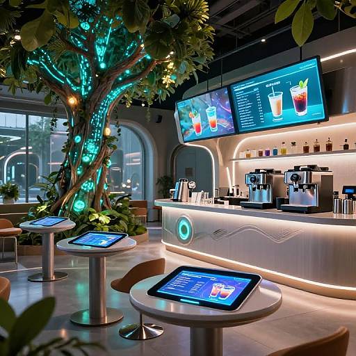 High-tech café with glowing blue tree, futuristic tablets, illuminated menu screens, sleek white bar, and modern coffee machines in a vibrant, illuminated environment.