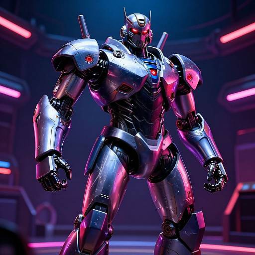 CGI image of a futuristic, silver robotic warrior with red eyes, neon pink and blue lights, standing in a futuristic, dimly-lit control