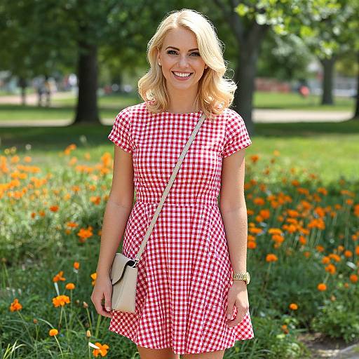 Photograph of a smiling blonde woman with wavy hair, wearing a red and white gingham dress, beige purse, and gold watch, standing in