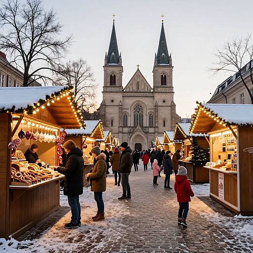 Photograph of a snowy Christmas market with lit wooden stalls, people in winter clothes, and a Gothic church with two spires in the background.