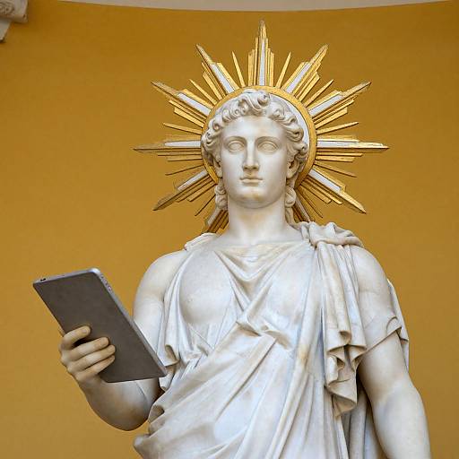 Photograph of a white marble statue of a serene woman with a radiant gold sun halo, holding a black tablet against a yellow wall.