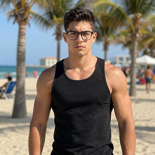 Muscular Man with Glasses on Beach