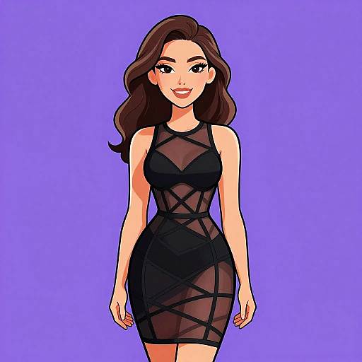 Digital illustration of a smiling woman with long brown hair, wearing a black, sheer, geometric-patterned dress, against a solid purple background.