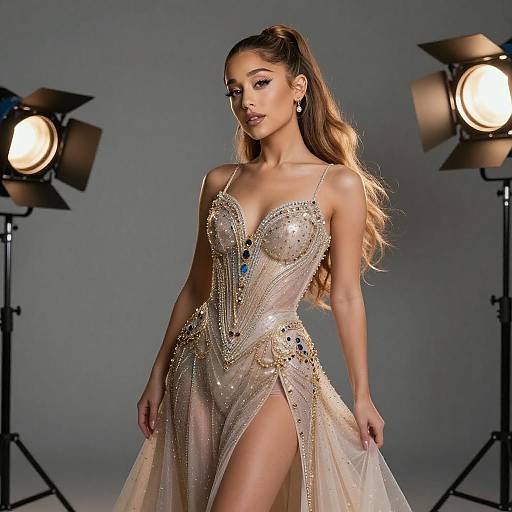 Photograph of a slender, light-skinned woman with long, wavy brown hair, wearing a sparkling, sheer, gold-embellished,