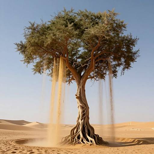 Photograph of a solitary, ancient acacia tree in a desert, with sand cascading down its twisted trunk under a clear blue sky.