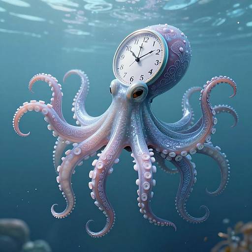 Digital artwork: A realistic octopus with a clock head, displaying 2:45, floats underwater, surrounded by blue light and coral.