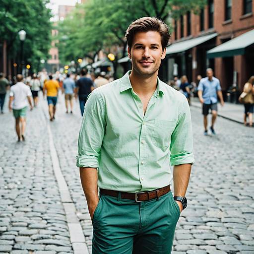 Handsome Man in Casual Summer Outfit on Cobblestone Street