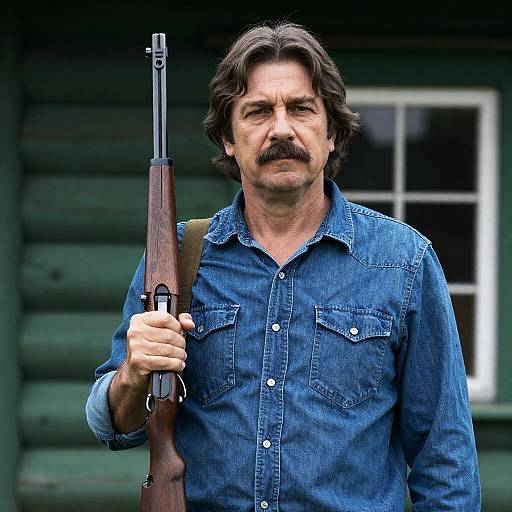 Man with Rifle in Front of Cabin
