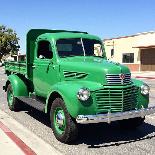 Photograph of a vibrant green vintage 1940s pickup truck with a flatbed, chrome grille, and white bumper, parked on a sunny street