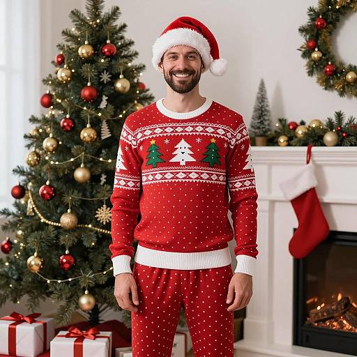 Smiling Man in Festive Christmas Pajamas