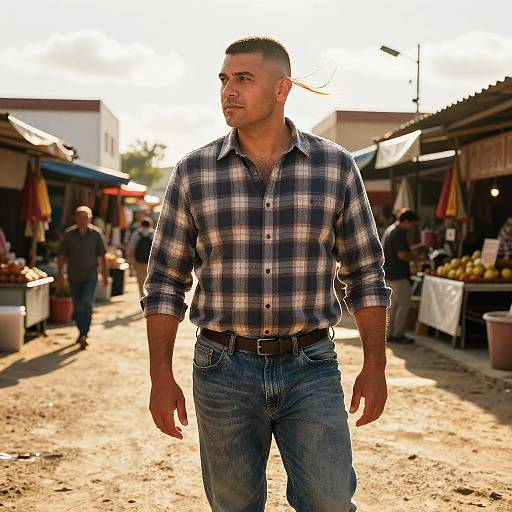 Photograph of a muscular, tan-skinned man with short, dark hair, wearing a blue and white plaid shirt and blue jeans, walking through