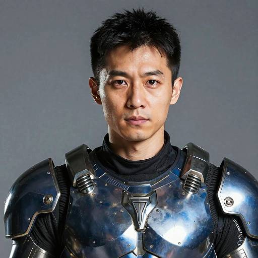 Photograph of an Asian man with short black hair, wearing shiny, silver metallic armor, and a black turtleneck, against a gray background.