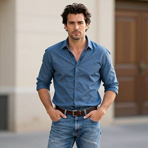 Confident Man in Casual Blue Outfit