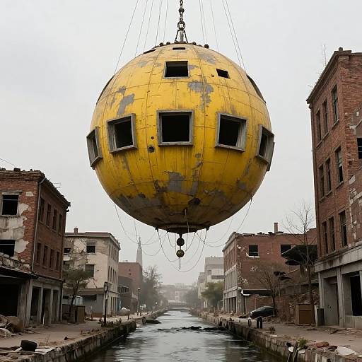 Photograph of a weathered, yellow, spherical object with windows hanging by cables over a foggy, abandoned, brick-lined canal with dilapidated