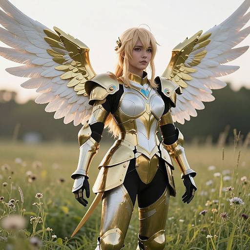 Photograph of a blonde woman in golden, winged, medieval-style armor standing in a sunlit field with wildflowers, wings extended.
