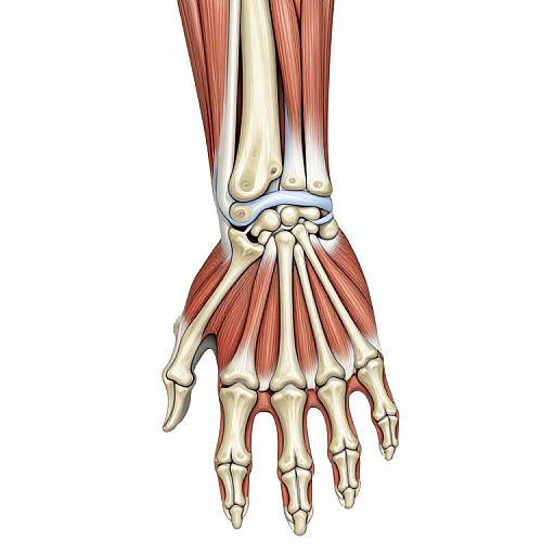 Detailed digital illustration of a human hand skeleton with red muscle fibers, highlighting bones and tendons against a white background.