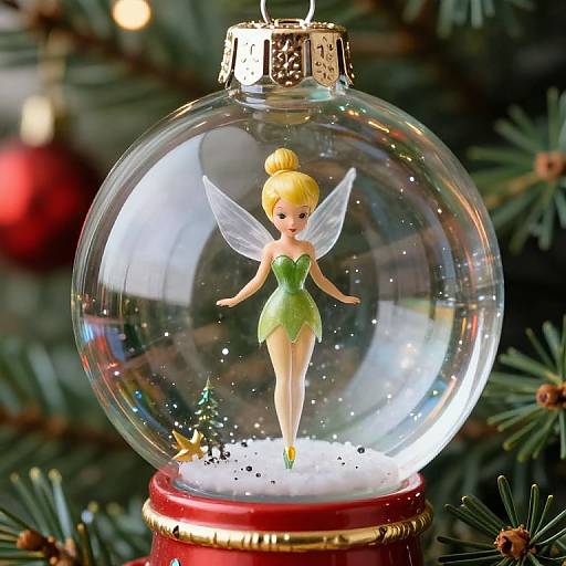Photograph of a clear glass Christmas ornament with a detailed, green-dressed, blonde fairy figurine inside, standing on a red and gold base,