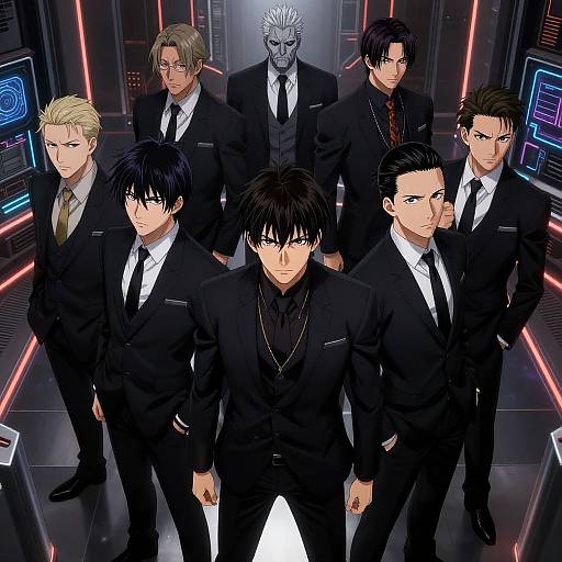 Anime-style digital illustration of seven men in black suits with varying hair colors and expressions, standing in a futuristic, neon-lit room. Central figure with