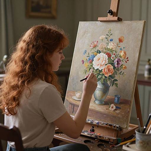 Photograph of a redheaded woman with wavy hair, painting a vibrant floral still life on an easel in a dimly lit studio.