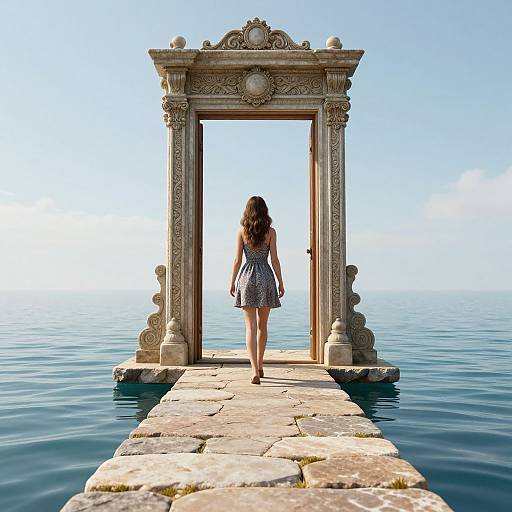 Photograph of a woman in a blue dress, standing on a stone pier, facing ornate classical archway, over calm ocean.