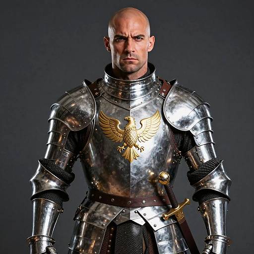 Photograph of a bald, muscular man in shiny, reflective medieval armor with a golden eagle emblem, standing against a dark gray background.