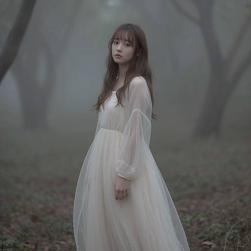 Young Woman in Flowing Pale Dress in Misty Forest