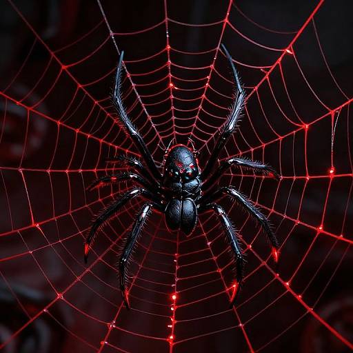 Photograph of a black spider with glowing red eyes and legs, centered on a vibrant red spiderweb against a dark background.