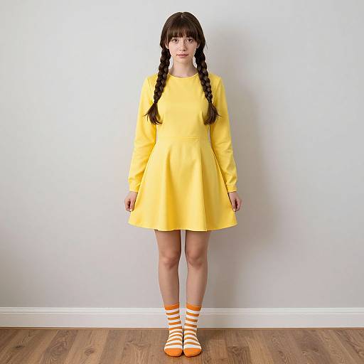 Photograph of a young woman with long brown braids, wearing a bright yellow dress, orange and white striped socks, and orange shoes, standing against