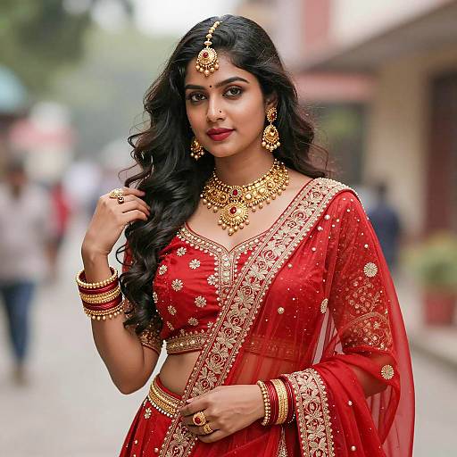 Indian Woman in Red Lehenga Choli with Gold Jewelry