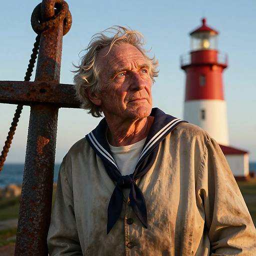 Photograph of an elderly man with wavy gray hair, wearing a navy sailor shirt, standing by a rusty fence, gazing at a red and