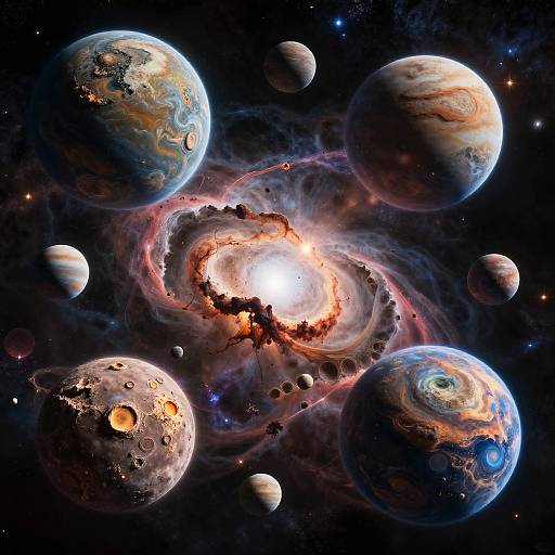 Digital CGI of a vibrant, swirling galaxy with a bright central sun, surrounded by colorful, detailed planets with varied textures and atmospheres.