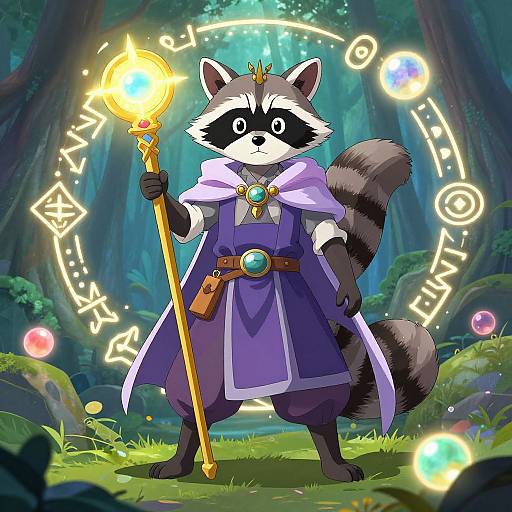 Anthropomorphic raccoon wizard in purple robe, holding glowing staff, standing in enchanted forest with magical circles and glowing orbs. Digital art.