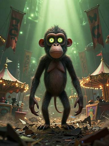 CGI image of a glowing-eyed, black-furred monkey standing in a carnival with colorful lights, flags, and carnivals tents under green beams.