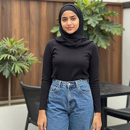 Photograph of a smiling young woman with medium brown skin, wearing a black hijab, black long-sleeve top, and high-waisted