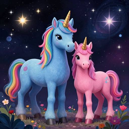 Digital illustration of two colorful, cartoon-style unicorns with rainbow and pink manes, standing in a starry night garden with flowers.
