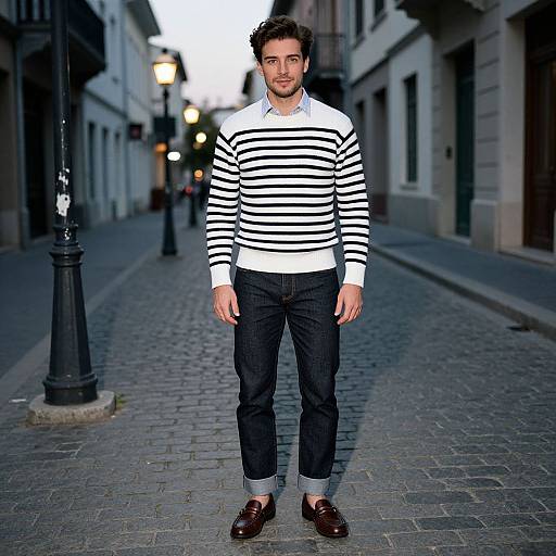 Photograph of a man with short brown hair, wearing a black and white striped sweater, dark jeans, and brown loafers, standing on a cob