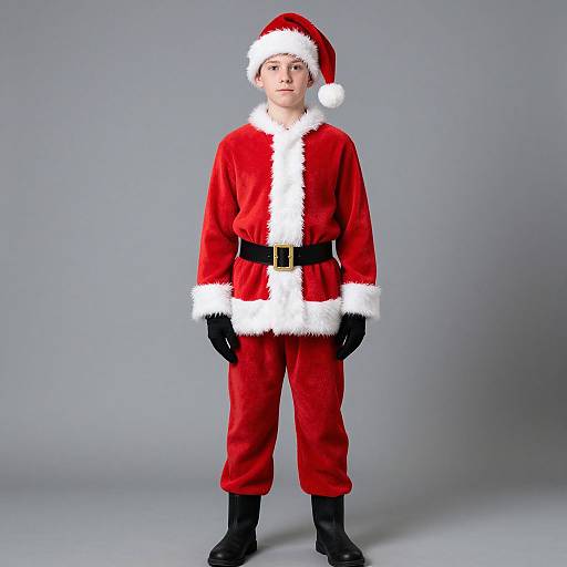 Photograph of a young child in a red Santa suit with white fur trim, black belt, black gloves, and boots, standing against a plain gray