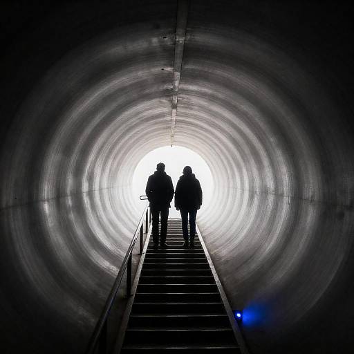 Silhouettes at End of Metallic Tunnel