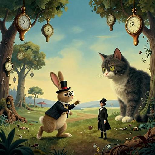Illustration of a tall, dressed rabbit and a giant cat facing each other, surrounded by hanging clocks, in a whimsical forest.
